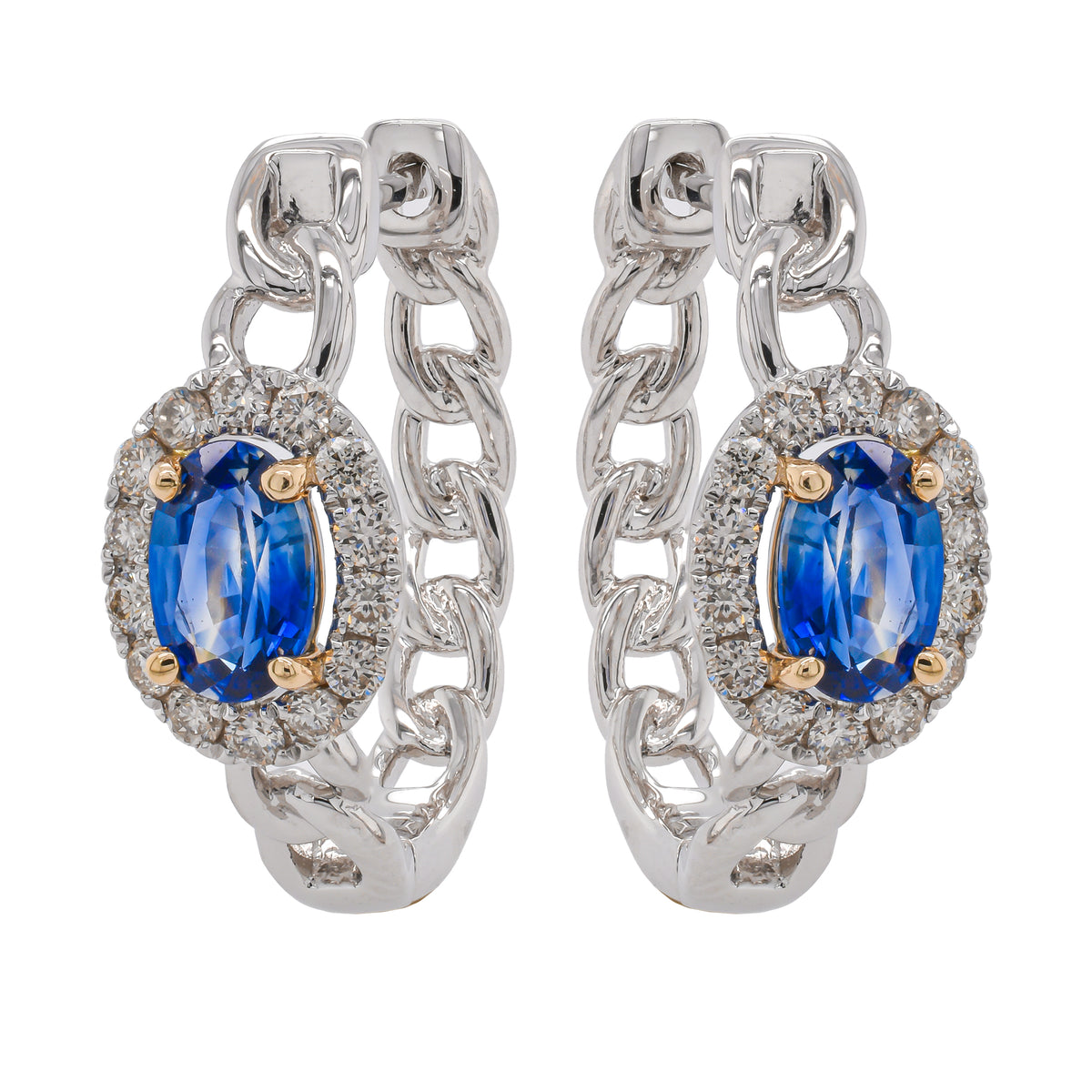 14K White and Yellow Gold Sapphire Oval Diamond Hoop 19x15mm Chain Link Earrings