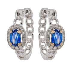 14K White and Yellow Gold Sapphire Oval Diamond Hoop 19x15mm Chain Link Earrings, view 1