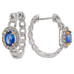 14K White and Yellow Gold Sapphire Oval Diamond Hoop 19x15mm Chain Link Earrings, view 2