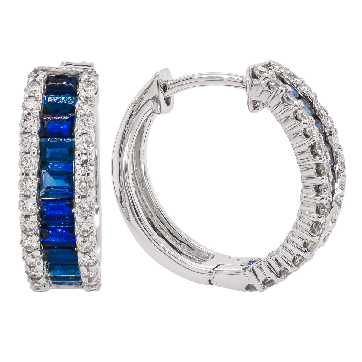 14K White Gold Sapphire Baguette Hoop 15mm Earrings