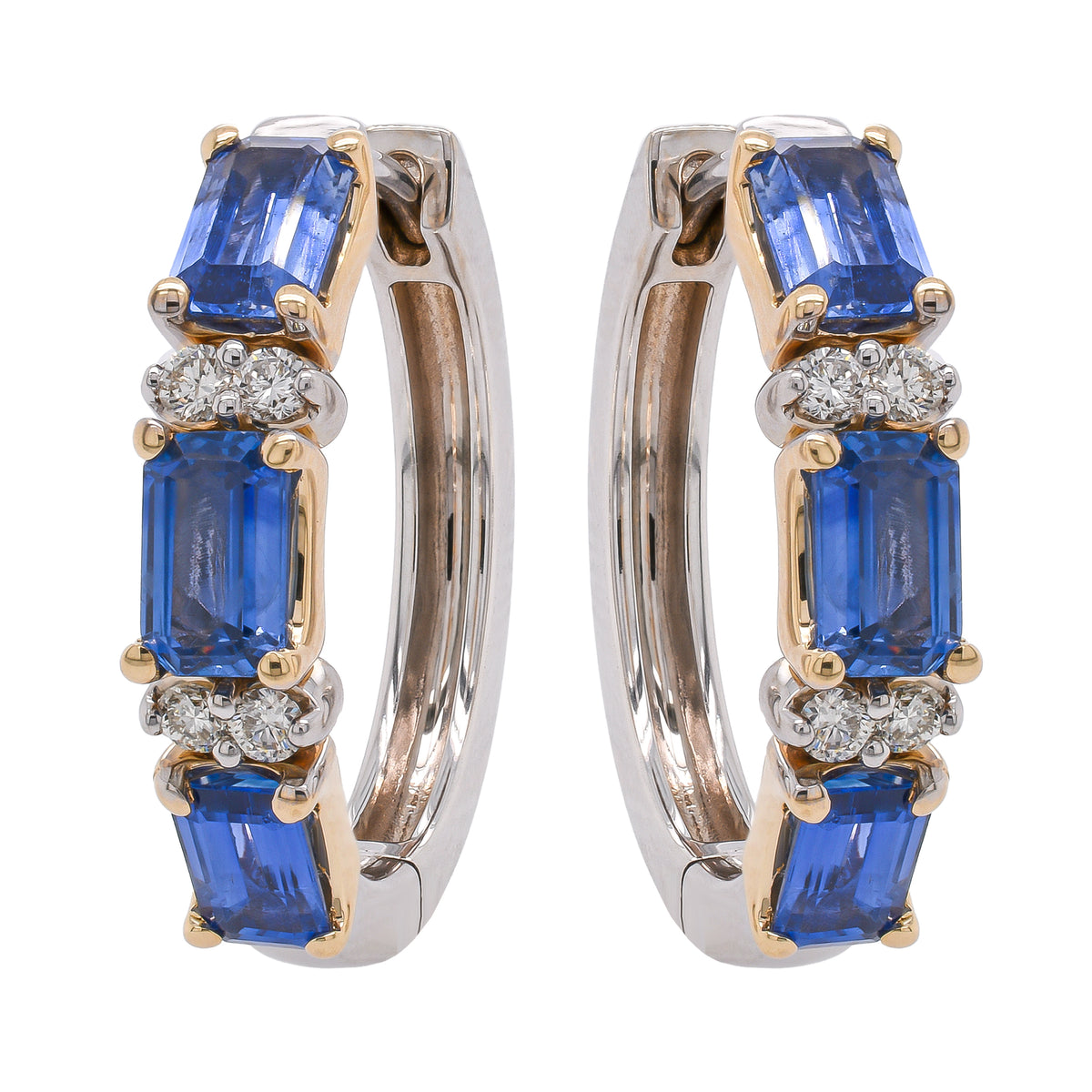 14K White and Yellow Gold Sapphire Oval Diamond Hoop 21mm Earrings