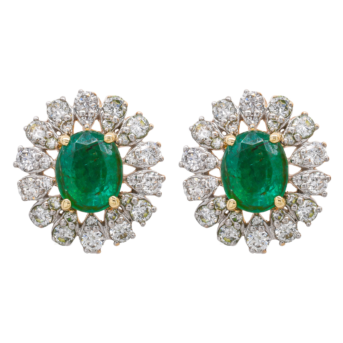 14K Yellow Gold Oval Emerald Diamond Cluster Stud Earrings 11*12mm