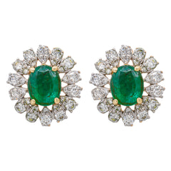 14K Yellow Gold Oval Emerald Diamond Cluster Stud Earrings 11*12mm, view 1