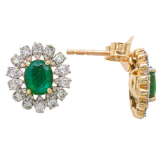 14K Yellow Gold Oval Emerald Diamond Cluster Stud Earrings 11*12mm, view 2