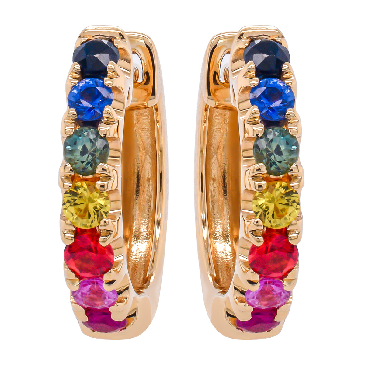 14K Yellow Gold Fancy Sapphire Rainbow Hoop 14mm Earrings
