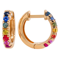 14K Yellow Gold Fancy Sapphire Rainbow Hoop 14mm Earrings, view 2