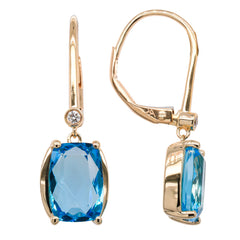 14K Yellow Gold Blue Topaz Diamond Earrings, view 2