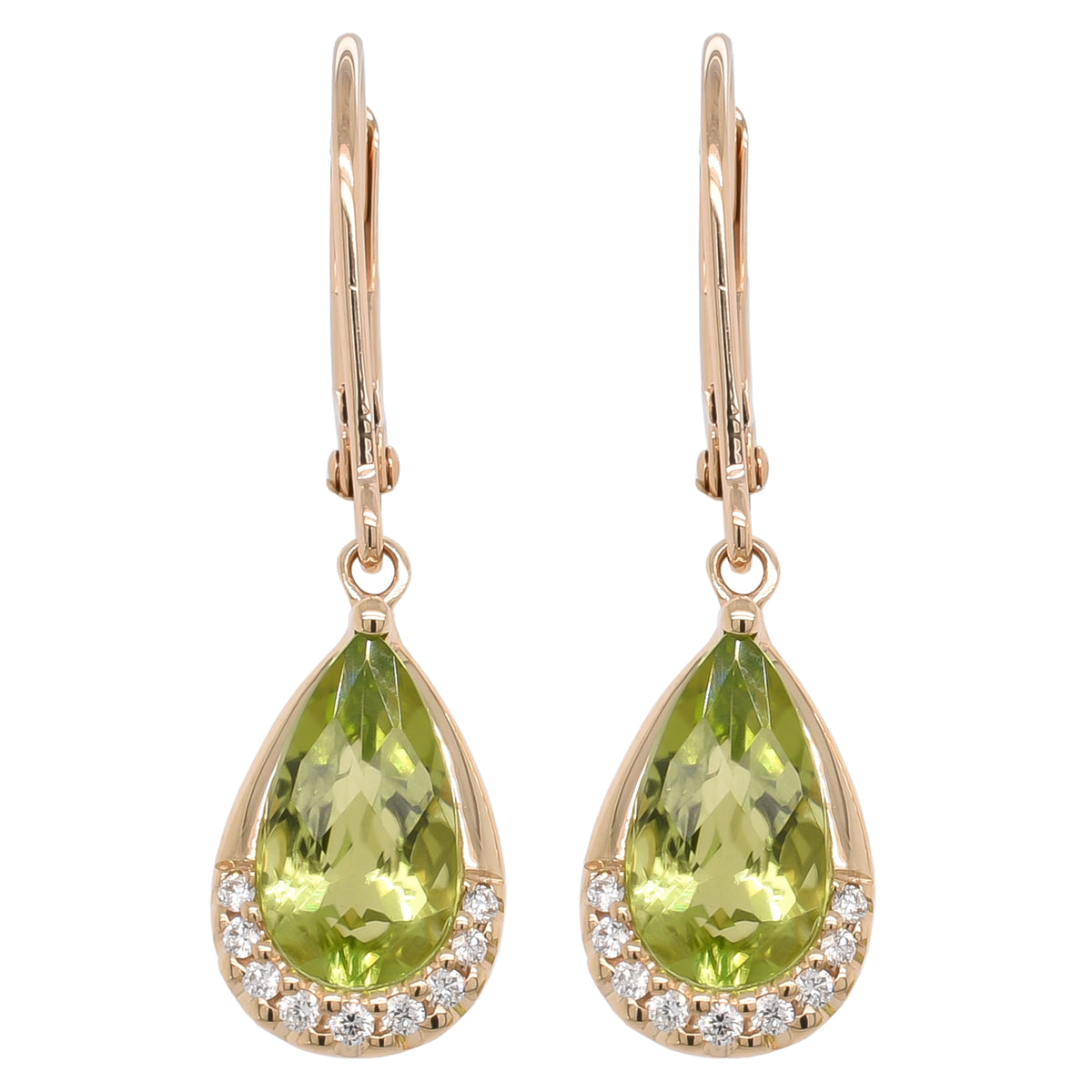 14K Yellow Gold Peridot Pear Diamond Dangle Earrings