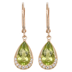 14K Yellow Gold Peridot Pear Diamond Dangle Earrings, view 1