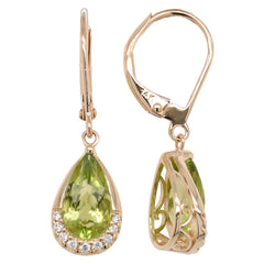 14K Yellow Gold Peridot Pear Diamond Dangle Earrings, view 2