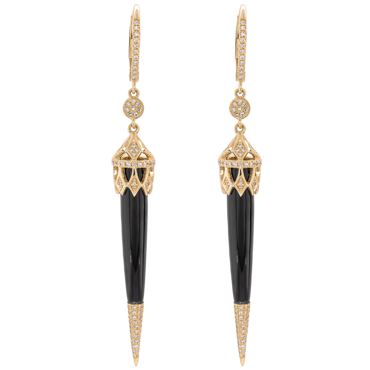 14K Yellow Gold Black Onyx Diamond Dagger Earrings
