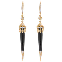 14K Yellow Gold Black Onyx Diamond Dagger Earrings, view 1