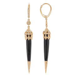 14K Yellow Gold Black Onyx Diamond Dagger Earrings, view 2