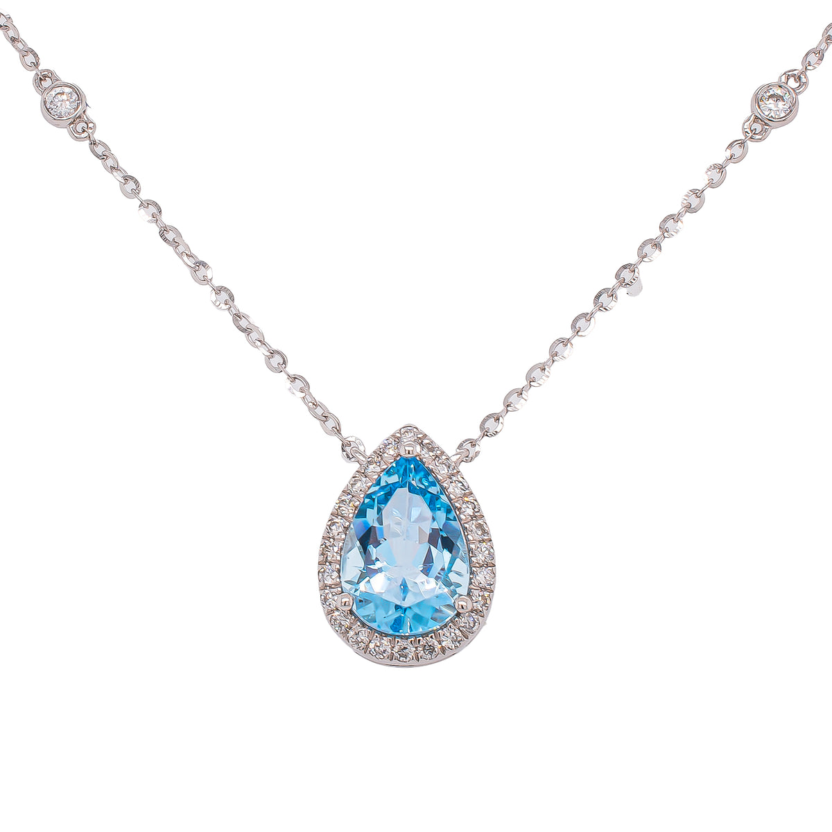 14K White Gold Pear Aquamarine Diamond Pendant Necklace