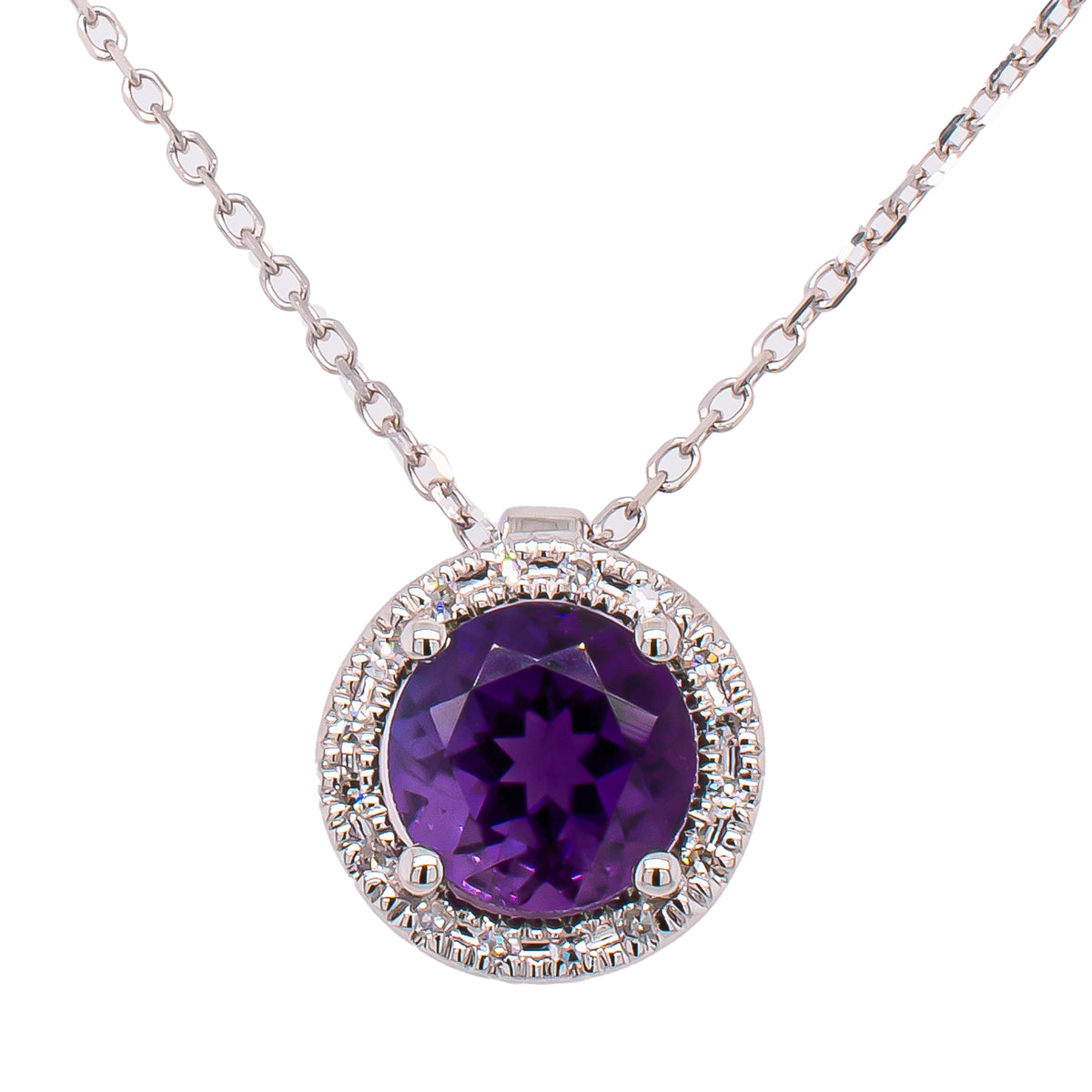 14K White Gold Amethyst & Diamond Halo Pendant | 1.00 CT Amethyst