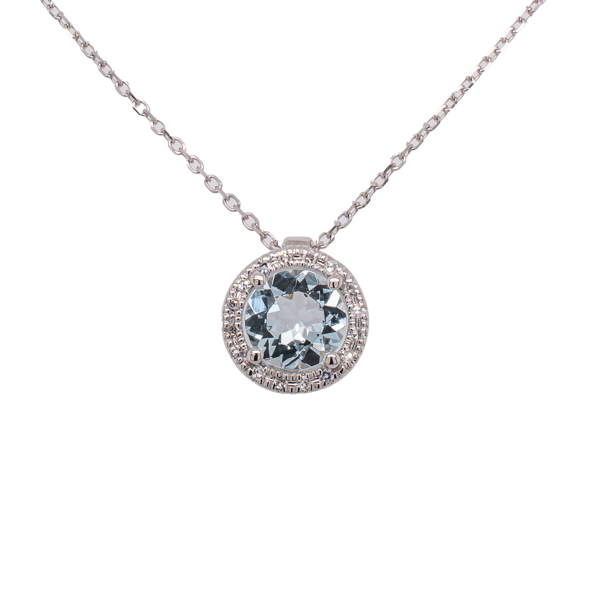 14K White Gold Round Aquamarine Diamond Pendant Necklace