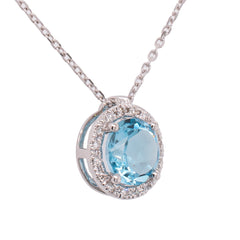 14K White Gold Round Blue Topaz Diamond Pendant Necklace, view 2