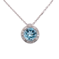 14K White Gold Round Blue Topaz Diamond Pendant Necklace, view 1