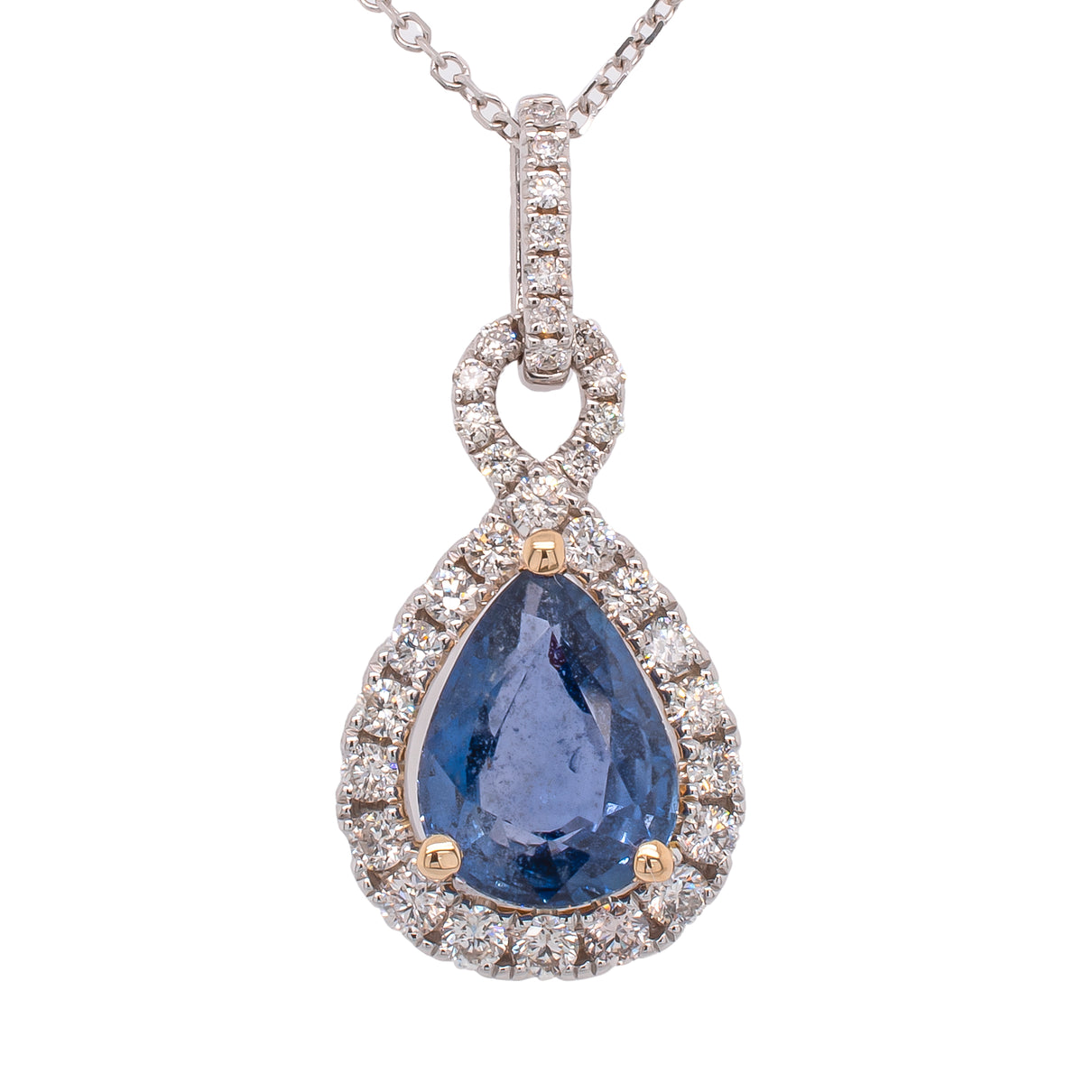 14K White and Yellow Gold Sapphire Pear Diamond Halo Pendant