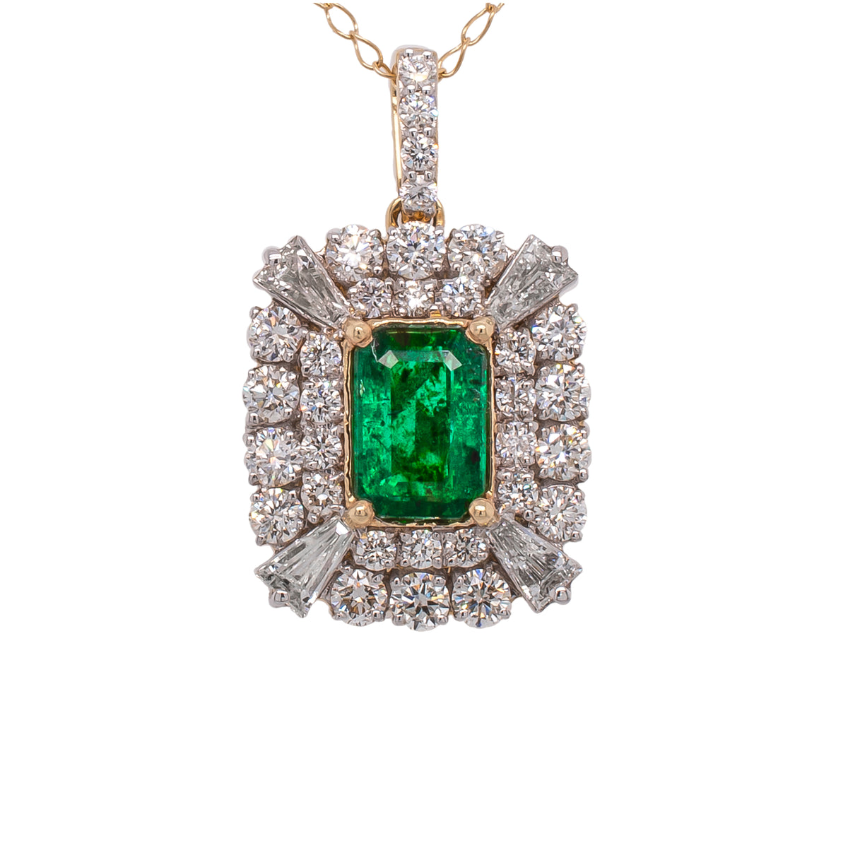 14K Yellow Gold Trapezoid Corner Diamond Emerald Pendant