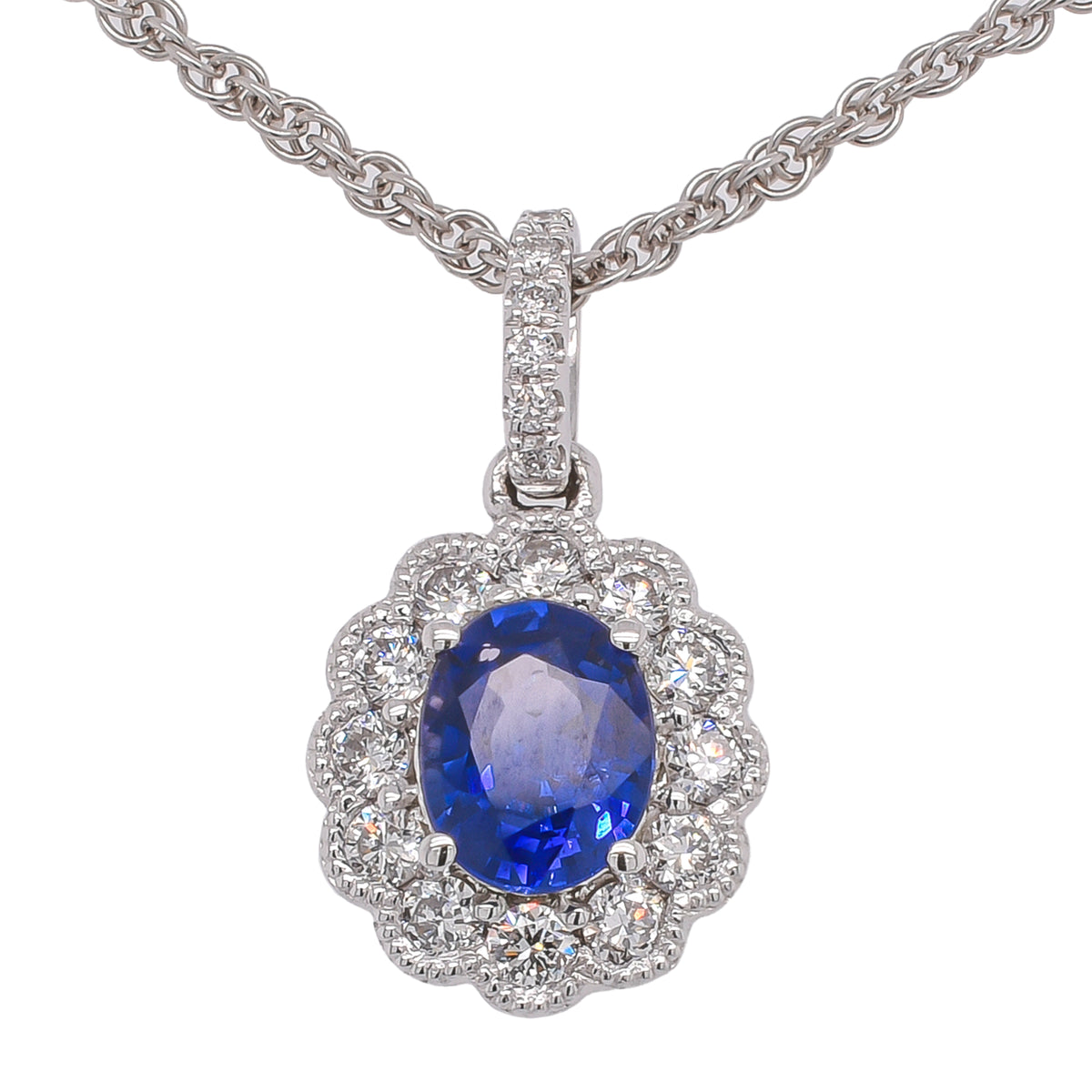 18K White Gold Oval Sapphire Halo Flower Diamond Pendant