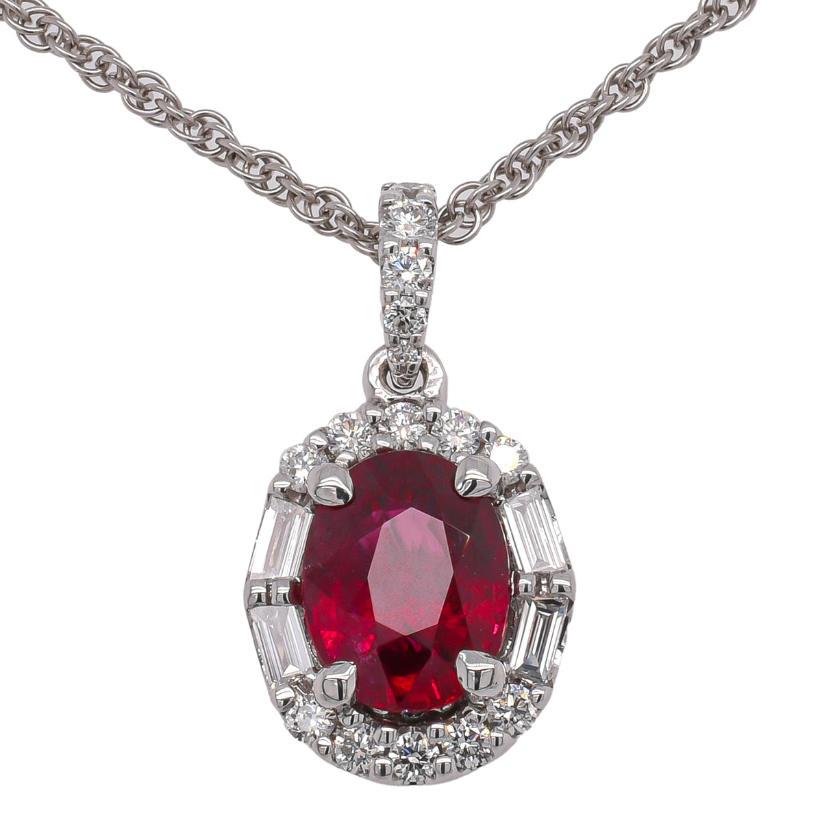 18K White Gold Oval Ruby Diamond Baguette Pendant Necklace