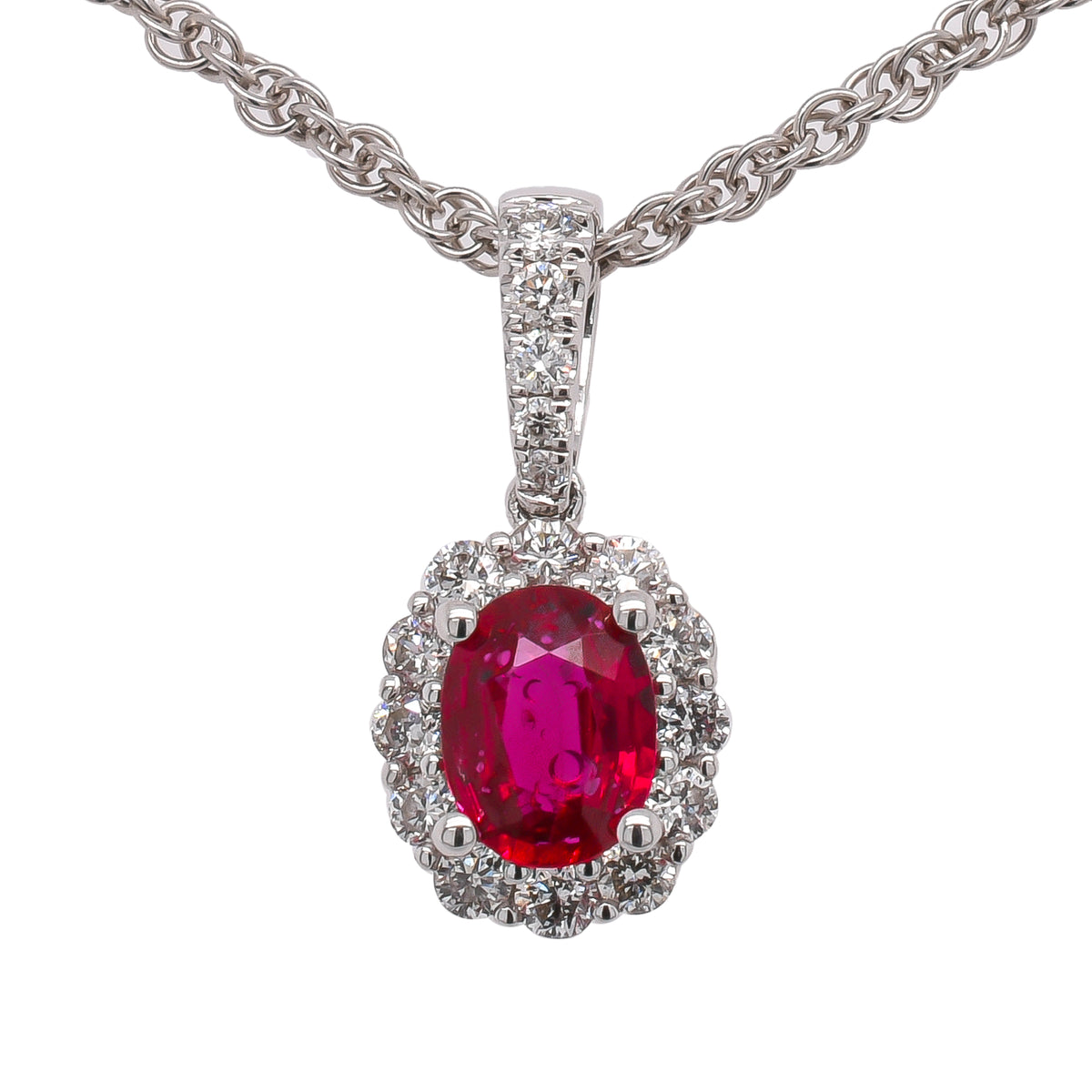 18K White Gold Oval Ruby Diamond Halo Pendant