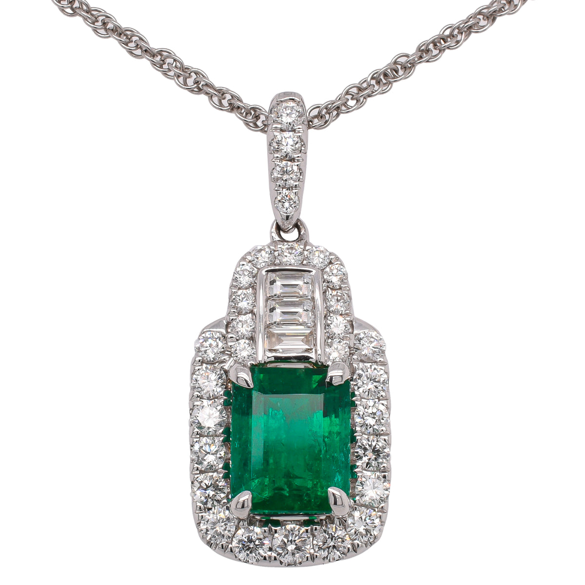 18K White Gold Emerald Baguette Diamond Pendant Necklace