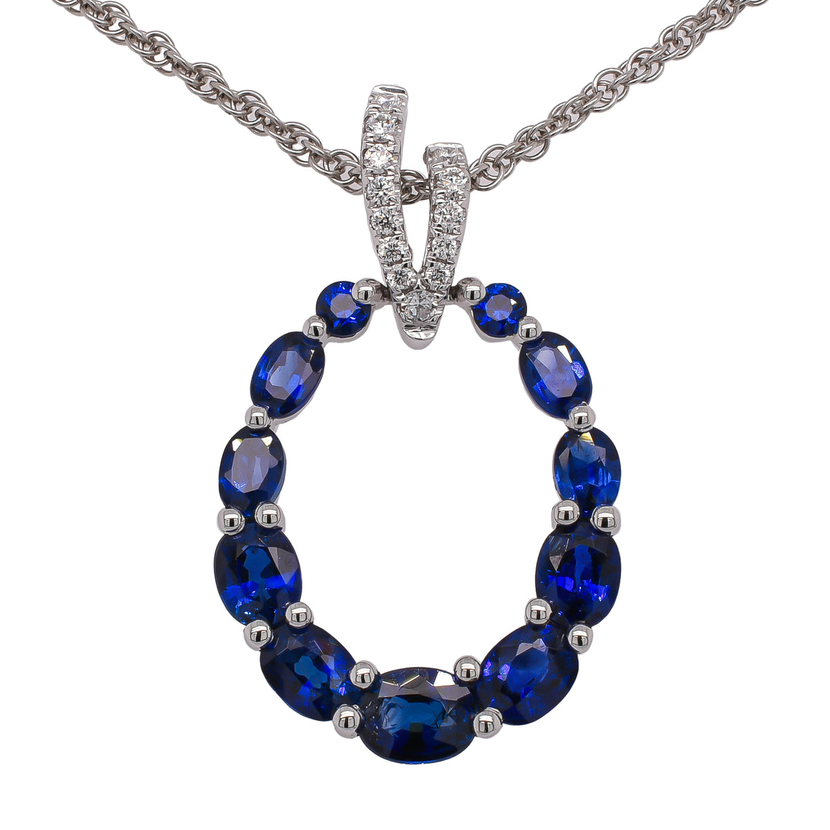 18K White Gold Oval Sapphire Diamond Pendant