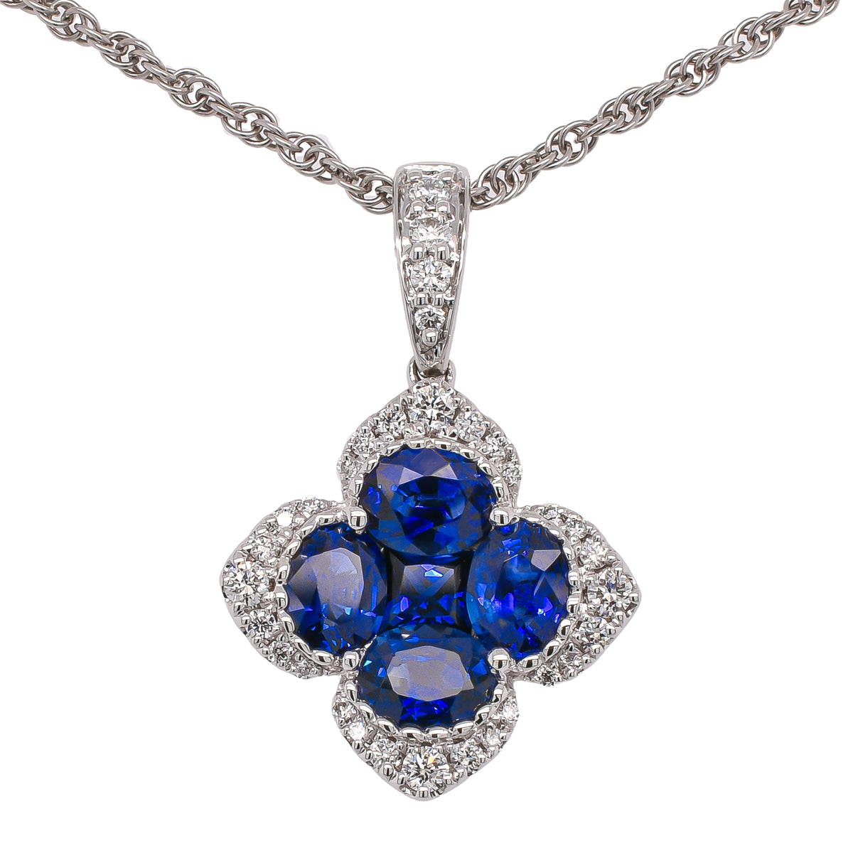 18K White Gold Fleur de Lis Sapphire Diamond Pendant