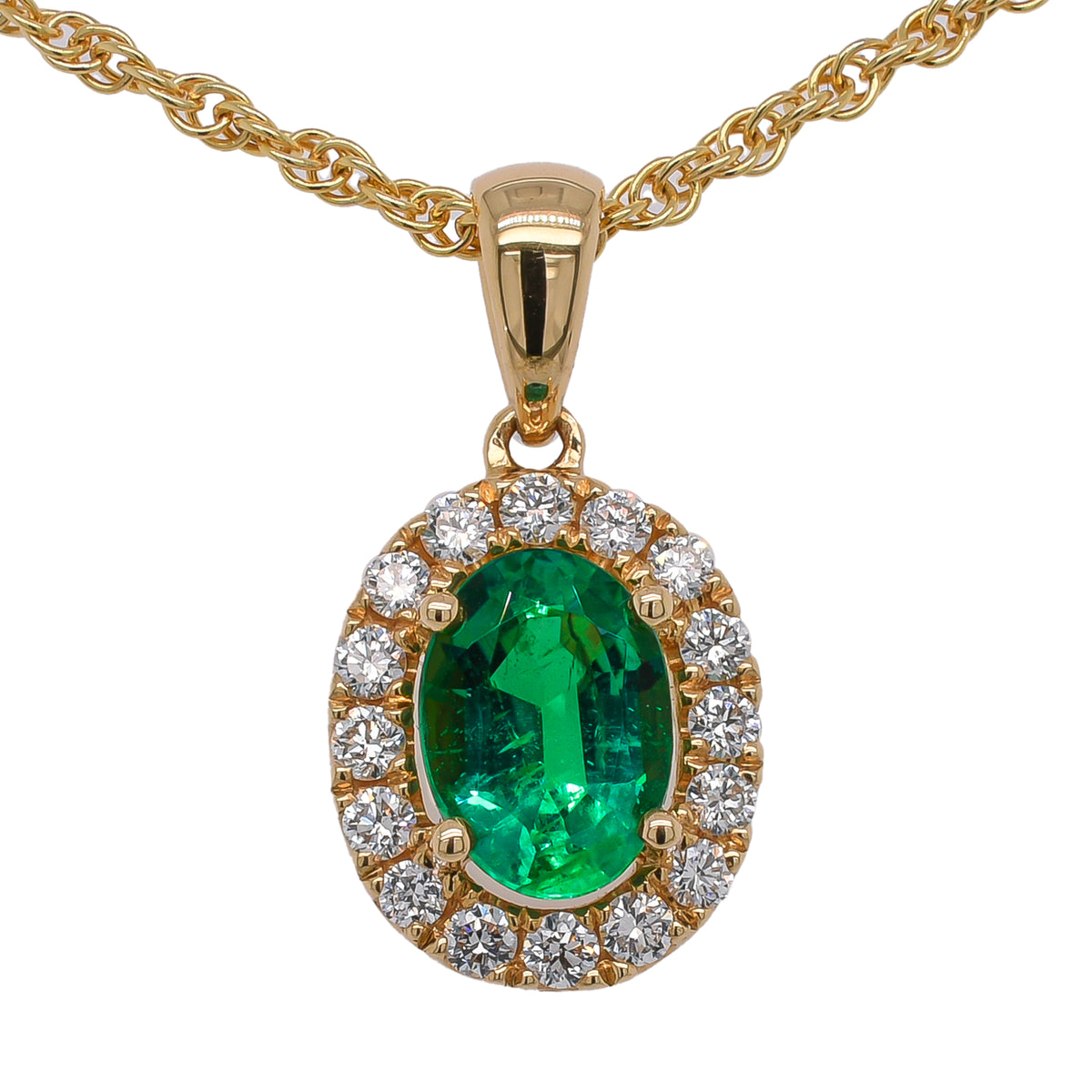 18K Yellow Gold Oval Emerald & Diamond Pendant