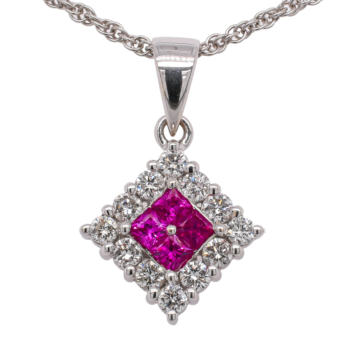 18K White Gold Pink Sapphire Diamond Halo Pendant