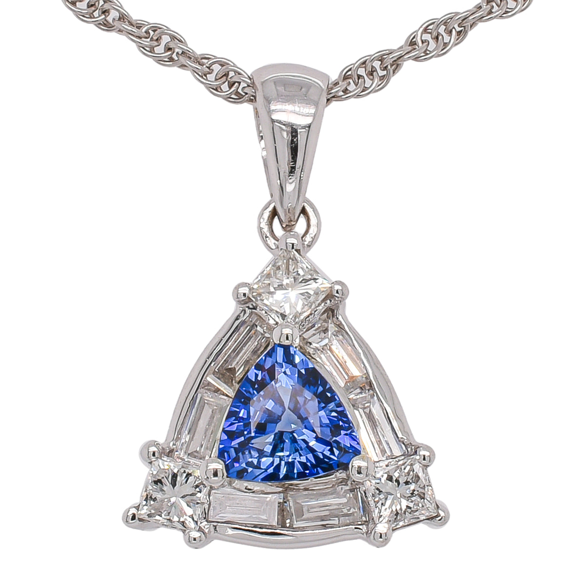 18K White Gold Trilliant Sapphire & Diamond Pendant