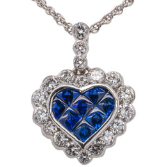 18K White Gold Sapphire Cushion Diamond Pendant, view 1