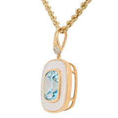 18K Yellow Gold Blue Topaz, Mother of Pearl and Diamond Pendant, view 2