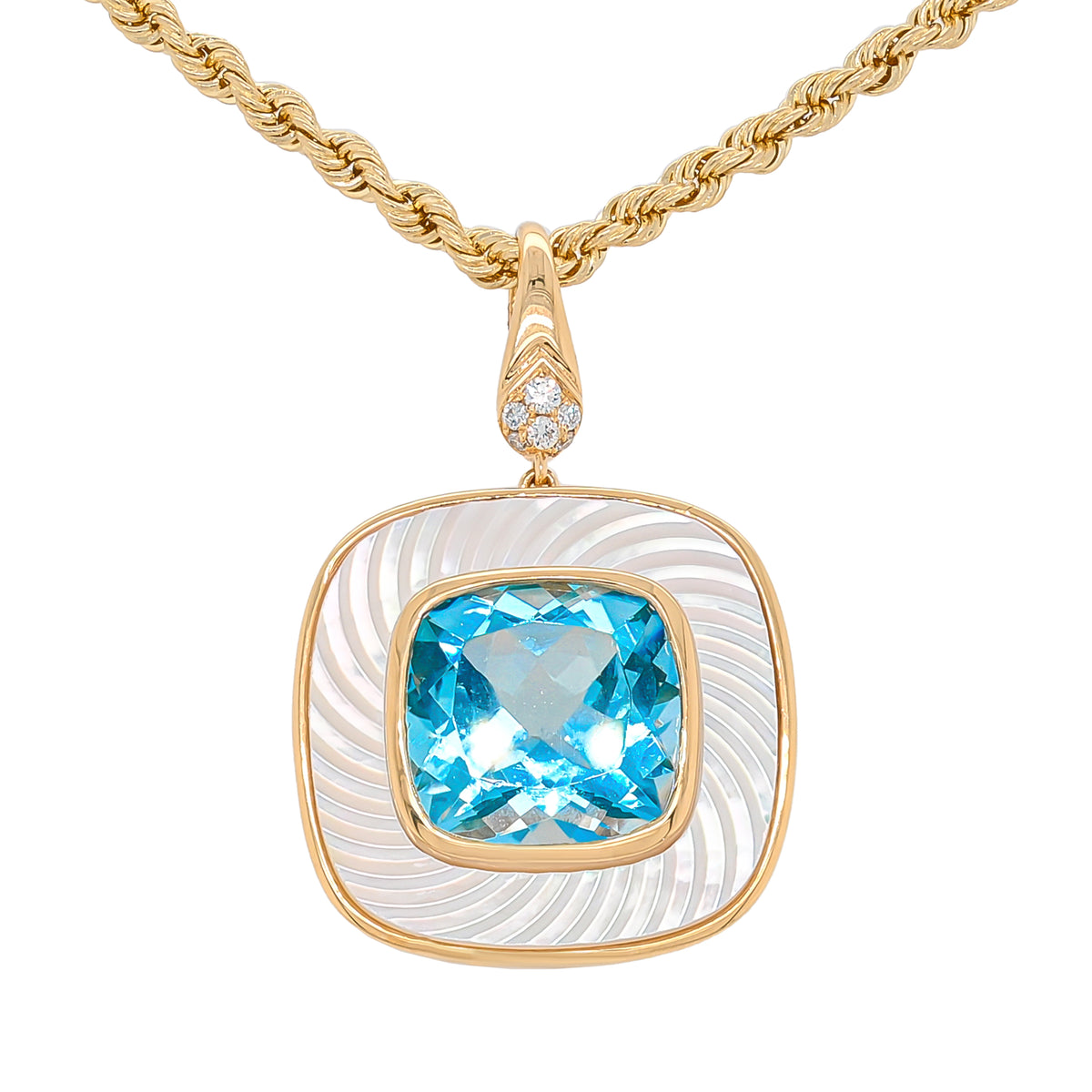 18K Yellow Gold Blue Topaz, Mother of Pearl and Diamond Pendant