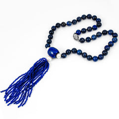 Blue Lapis Tassell Neckplace with Blue Quartz Pearls, view 2