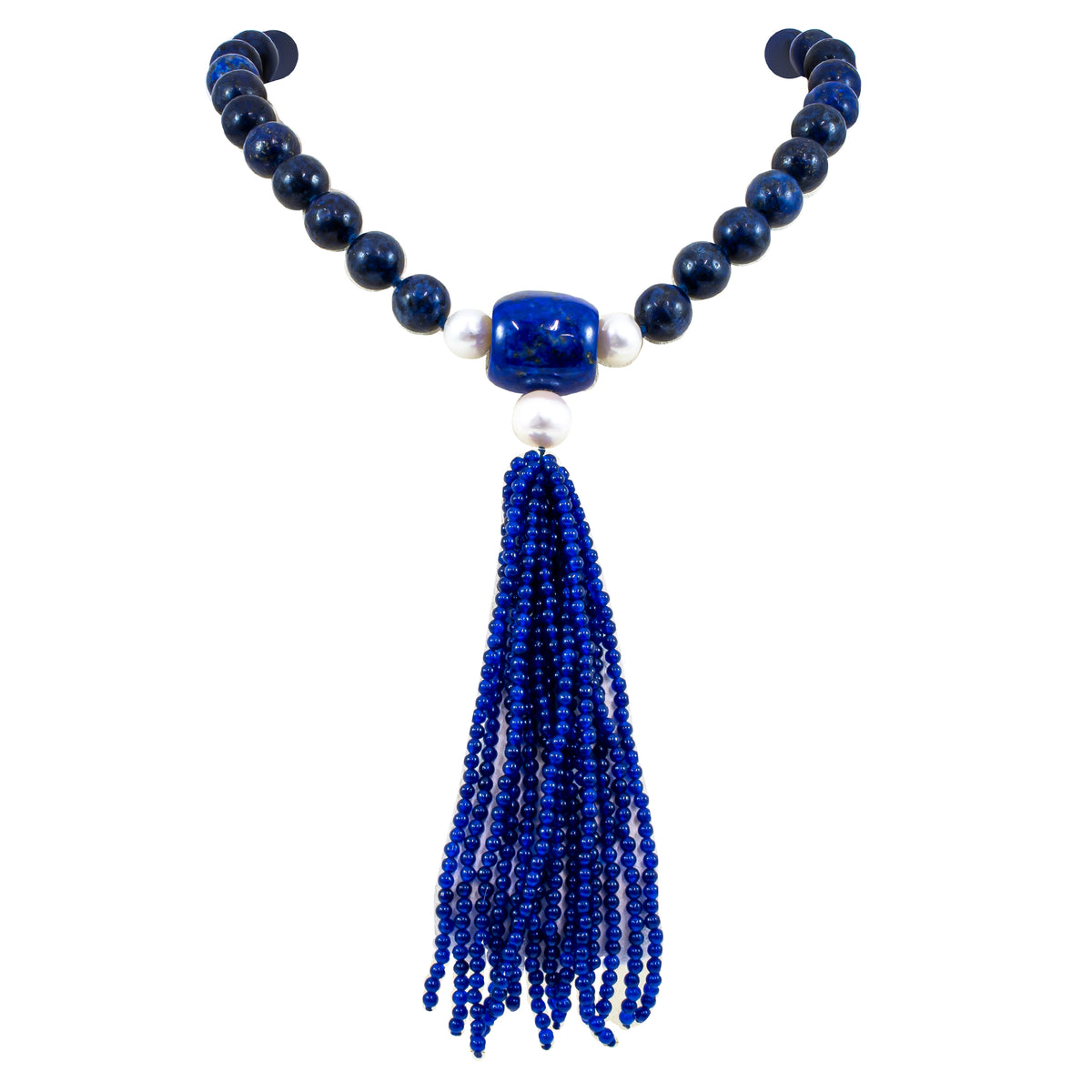 Blue Lapis Tassell Neckplace with Blue Quartz Pearls