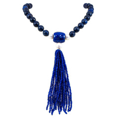 Blue Lapis Tassell Neckplace with Blue Quartz Pearls, view 1