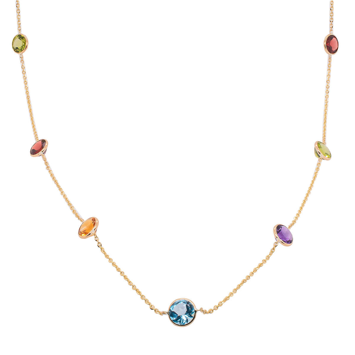 14K Yellow Gold Amethyst, Blue Topaz, Citrine, Peridot & Garnet by the Yard Bezel Necklace