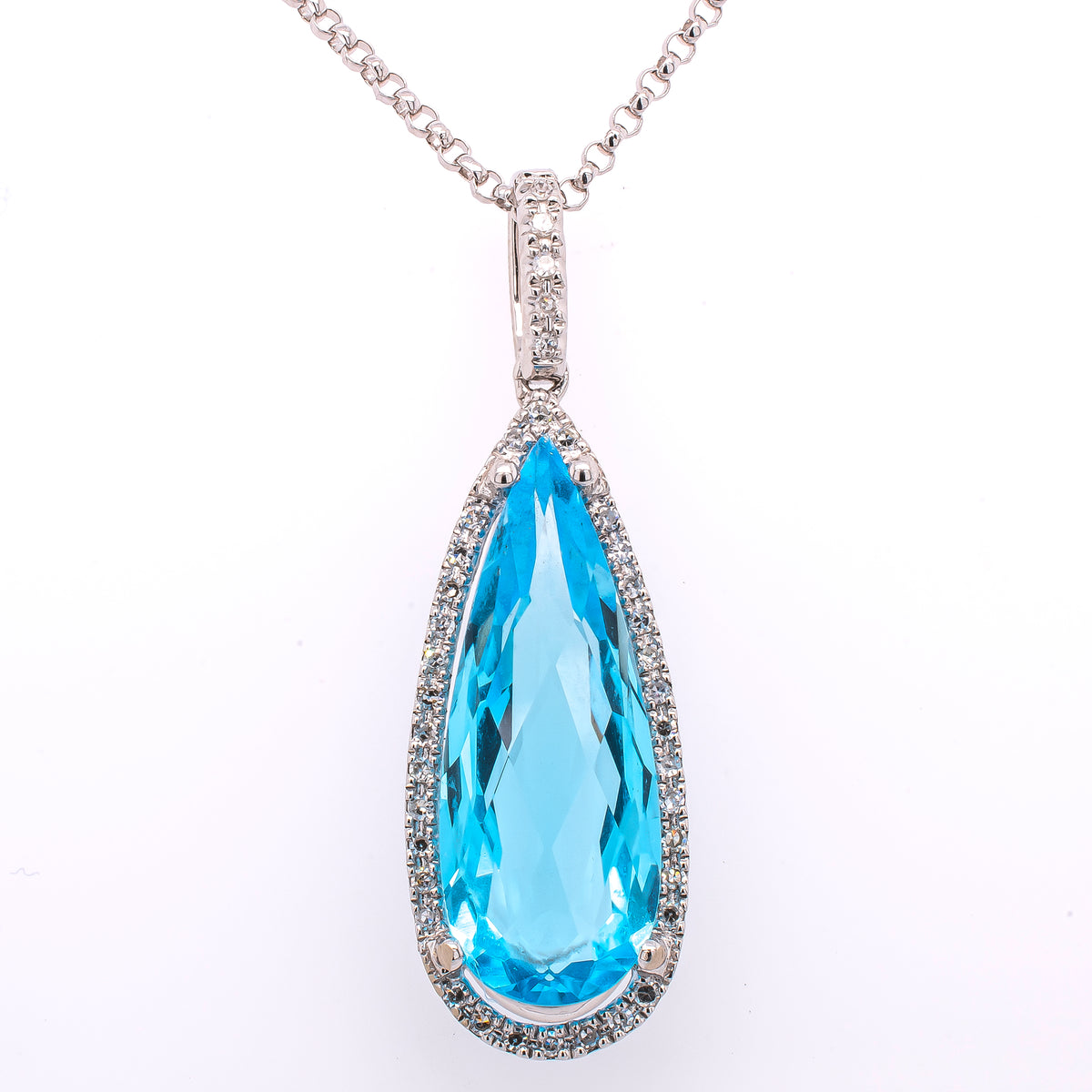 14K White Gold Narrow Teardrop Blue Topaz Diamond Pendant Necklace