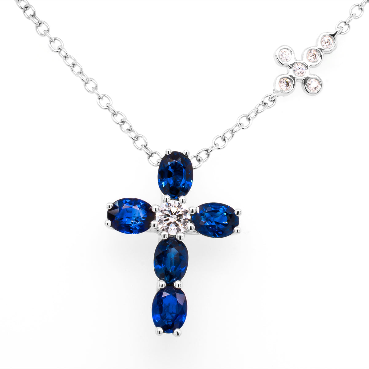 18K White Gold Sapphire Diamond Cross Necklace