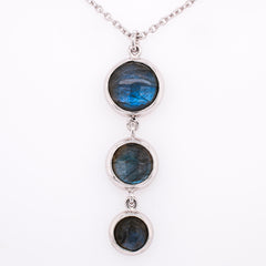 Sterling Silver 3 Stone Round Labradorite Bezel Set Cable Link Necklace, view 2