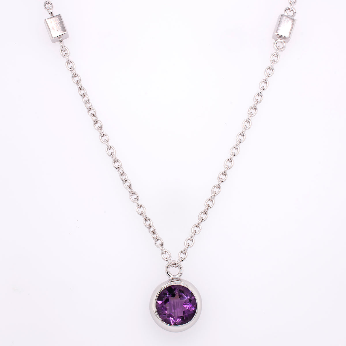 Sterling Silver Amethyst Round Bezel Set Fashion Necklace