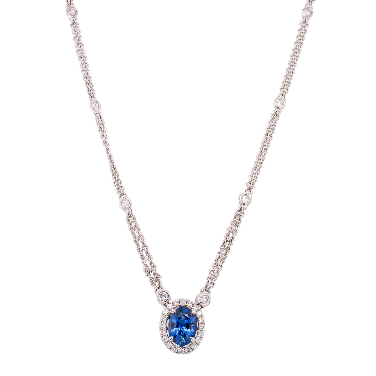 18K White Gold Sapphire Oval Diamond Double Chain Pendant Necklace
