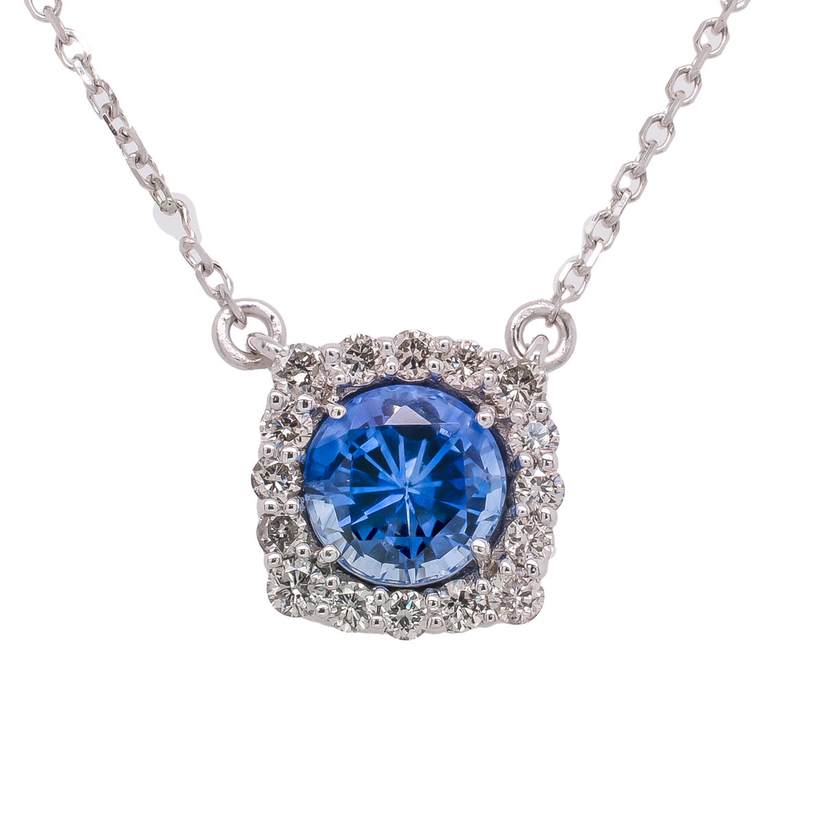 14K White Gold Round Sapphire Diamond Station Necklace