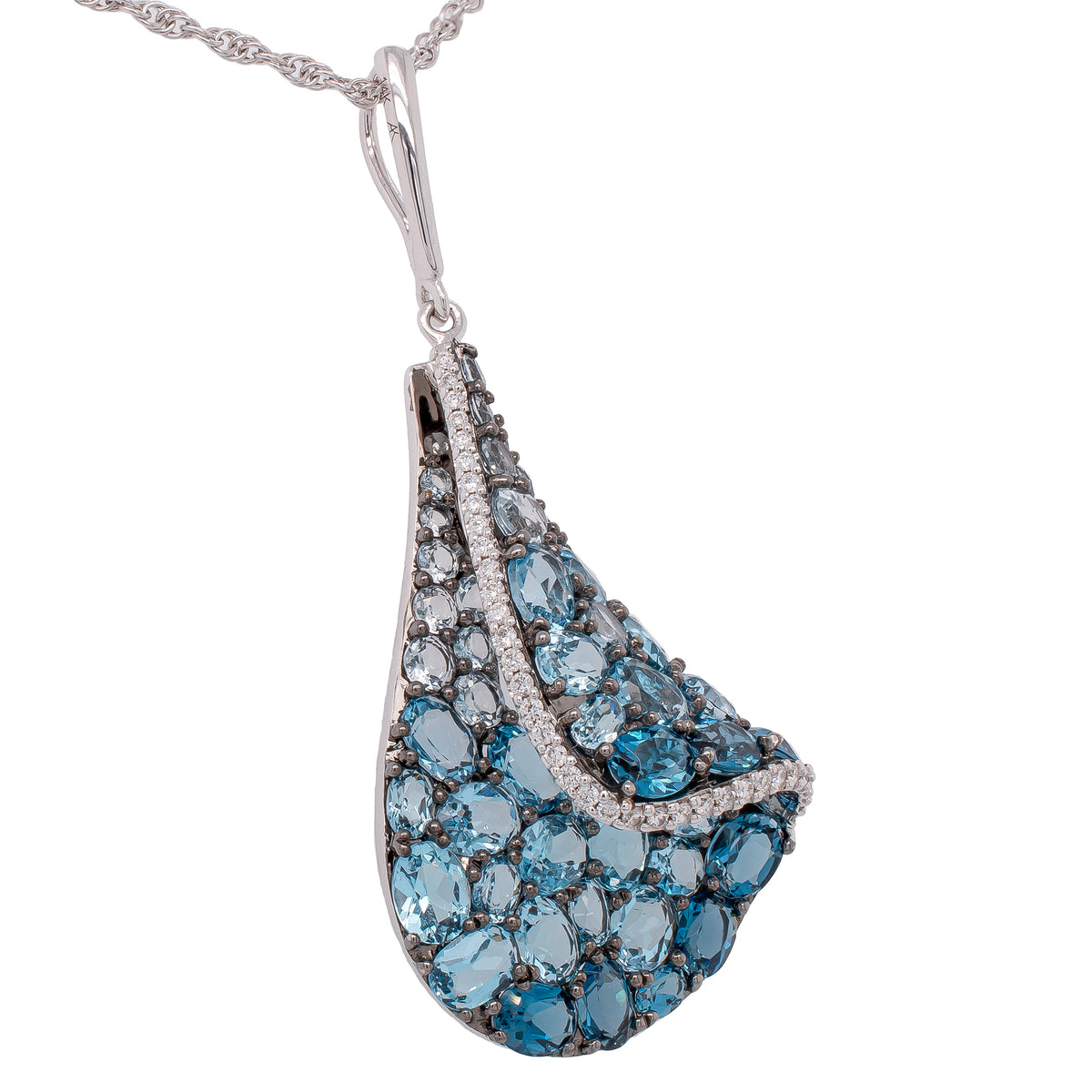 14K Folded Blue Topaz Diamond Teardrop Pendant Necklace