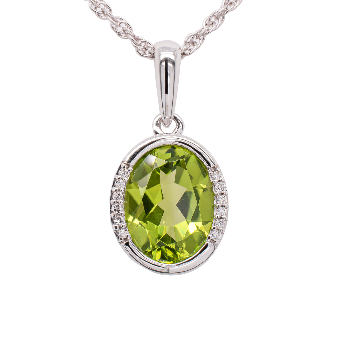 14K White Gold Oval Peridot Diamond Pendant Necklace