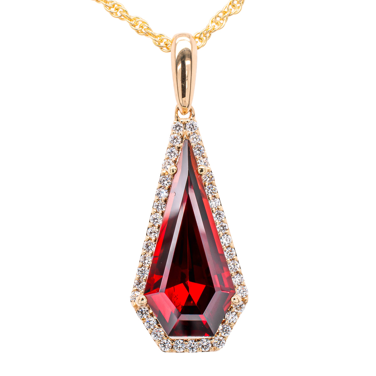 14K Yellow Gold Garnet Coffin Shape Diamond Pendant Necklace