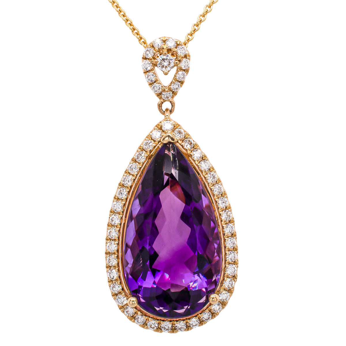 14K Yellow Gold Large Pear Purple Amethyst Diamond Pendant Necklace
